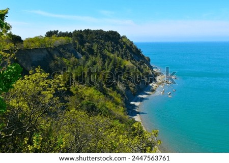 View of the Moon bay at the coast of the Adriatic sea in spring at Strunjan nature reserver in Littoral region of Slovenia