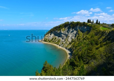 View of the Moon bay in Strunjan nature reserve at the coast of the Adriatic sea in Littoral region of Slovenia in spring