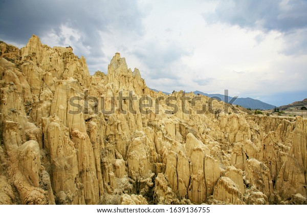 View of the Moon Valley (Valle de la Luna) near La Paz,\
Bolivia. The Moon Valley is a geological area 10 km from downtown\
La Paz where erosion has sculpted bizarre clay towers and spires.\
