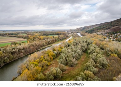 View Of The Morava River Dividing Slovakia (on The Right) And Austria (on The Left) Captured From The Devín Castle. 