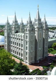 View Of Mormon Temple In Salt Lake City Utah, USA On A Spring Day