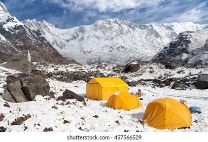 View of Mount Annapurna with tents from base camp, Nepal