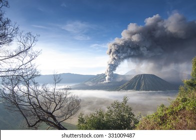 A view of Mount Bromo, East Java in Semeru Tengger National Park, Indonesia during eruption.