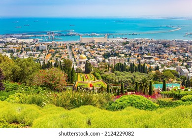 View From Mount Carmel To The International Seaport Of Haifa. The Descent To The Mediterranean Sea. Clear Sunny Day By The Sea. Haifa, Israel. 