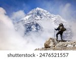 View of Mount Everest 8848m from Kala Patthar with tourist on the way to Everest base camp, Sagarmatha national park, Khumbu valley, Solukhumbu, Nepal Himalayas mountains