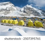 View from Mount Everest base camp, yellow tents and snow drift, Khumbu scefall western cwm, mount Nuptse, trek to Everest base camp, Nepal Himalayas mountains