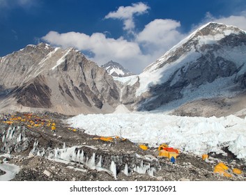 View from Mount Everest base camp, tents and prayer flags, sagarmatha national park, Khumbu valley, solukhumbu, Nepal Himalayas mountains