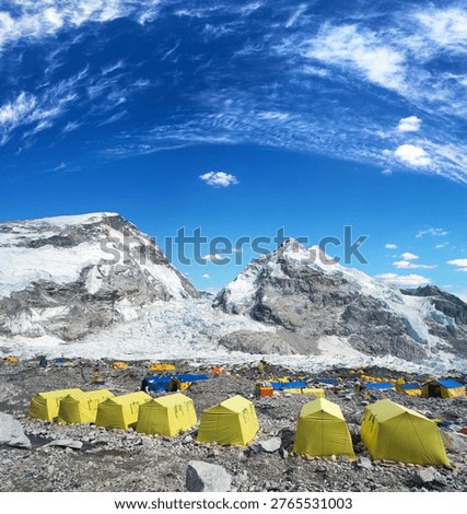 View from Mount Everest base camp, yellow tents, Khumbu icefall western cwm, mount Nuptse, trek to Everest base camp, Nepal Himalaya mountain