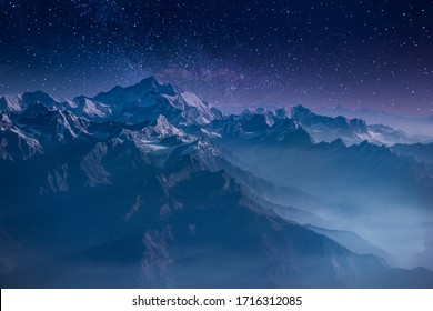 A View Of Mount Everest Under The Stars Of The Night Sky. 