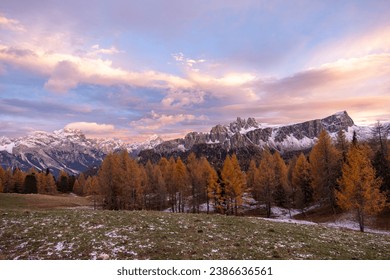 View of Mount Formin at sunset in the Dolomites, Italian Alps.