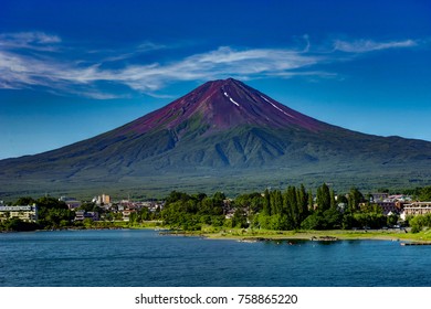 View To Mount Fuji In Summer With Blue Sky And Clouds Water Lake