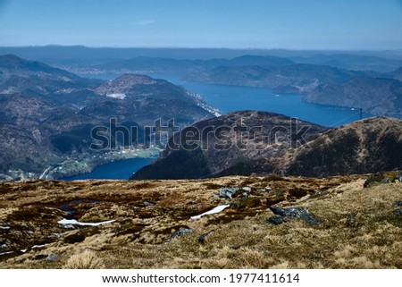View from Mount Skåldalsfjellet. Hiking the mountains Skåldalsnipa (603 meter), Skåldalsfjellet (718 meter), Herlandsfjellet (696 meter) and Garnesrinden (625 meter) in Bergen, Norway