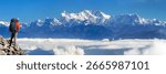 View of mount Kangchenjunga 8586 m with climber from Eastern Nepal, the higgest mount of India and third highest mountain in the world, Nepali Himalaya mountain