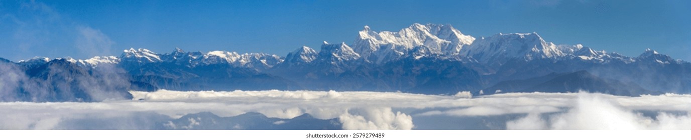 View of mount Kangchenjunga 8586 m from Eastern Nepal, the higgest mount of India and third highest mountain in the world, Nepali Himalayas mountains