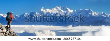 View of mount Kangchenjunga 8586 m with climber from Eastern Nepal, the higgest mount of India and third highest mountain in the world, Nepali Himalaya mountain