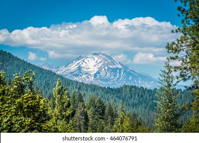 View of Mount Shasta Volcano with glaciers, in California, USA.