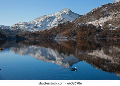 View To Mount Snowdon  In Winter With Snow And Blue Sky Snowdonia National Park