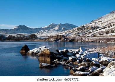 View To Mount Snowdon  In Winter With Snow And Blue Sky Snowdonia National Park