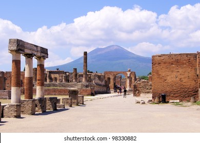 View Of Mount Vesuvius Through The Ruins Of The Forum At Pompeii, Italy