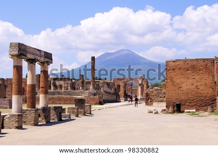 View of Mount Vesuvius through the ruins of the Forum at Pompeii, Italy