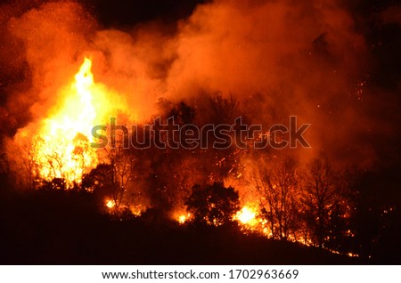 view of a mountain burning at night