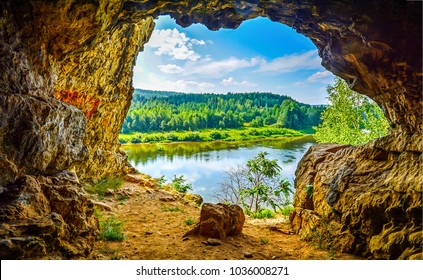 View From Mountain Cave At Nature River Water