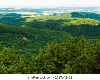 View From Mountain In Central Sudetes. Landscape With Fields And Blue Sky