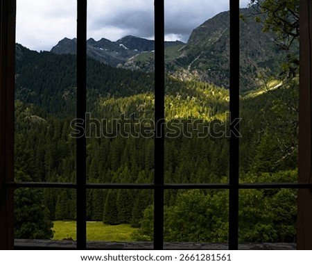 The view of mountain and forest from a window.