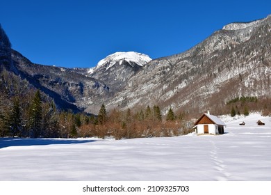 View Of Mountain Tosc From Voje Valley In Gorenjska, Slovenia In Winter