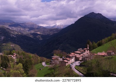 View of the mountain village Alino in the Brembana Valley ( Italian: Val Brembana ), Bergamo, Italy