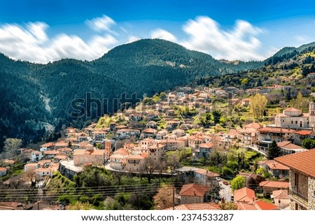 view of mountain village, Valtessiniko in Arcadia, Peloponnese, Greece.