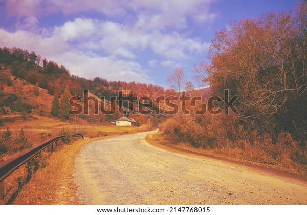 View of the mountain winding dirt road in autumn.\
Carpathian mountains.\
Ukraine