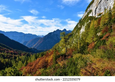 View of mountains above Trenta valley from Vrsic mountain pass in Julian alps, Slovenia in autumn - Shutterstock ID 2212335079