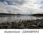 View of the mountains from Luss on Loch Lomond, Scotland, UK with low cloud