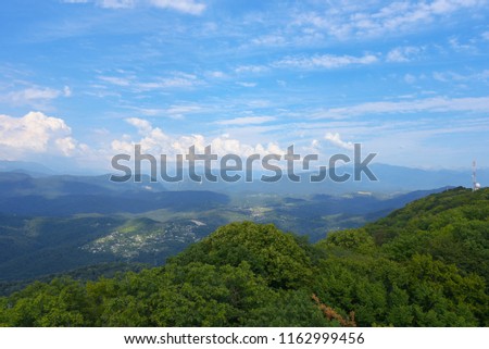 View of mountains from observation deck of the Tower on the mountain Big Ahun