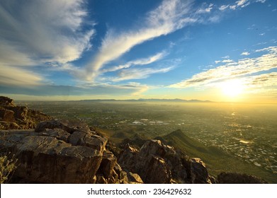 View From Mountaintop Of Phoenix, AZ At Sunset