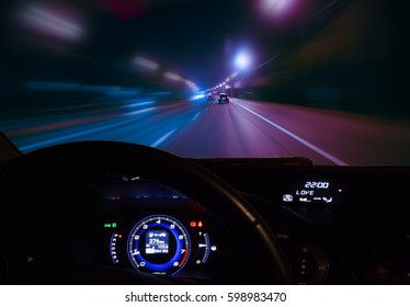 View From Moving Car On Highway At Night