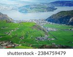 View from Mt. Stanserhorn in Switzerland at the beginning of May. The Stanserhorn is a mountain in the Swiss canton of Nidwalden, it is a popular tourist destination.