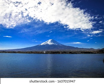 View Of Mt.Fuji And Kawaguchi Lake With Blue Sky And White Cloud.