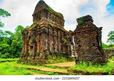 view of My Son Sanctuary among green woods in Quang Nam, Vietnam. My Son is a complex of partially ruined ancient Hindu temples constructed by the kings of Champa.