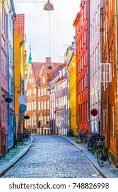 View of a narrow street in the central Copenhagen, Denmark.