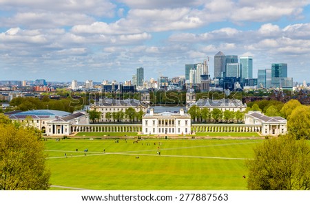 View of the National Maritime Museum and Canary Wharf - London, England
