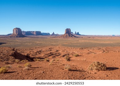 View from Navajo Code Talker Outpost in Monument Valley famous for its iconic buttes located on the Colorado Plateau in Arizona along the border to Utah and featured in many western movies.