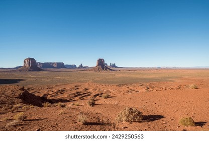 View from Navajo Code Talker Outpost in Monument Valley famous for its iconic buttes located on the Colorado Plateau in Arizona along the border to Utah and featured in many western movies.