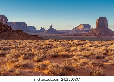 View from Navajo Code Talker Outpost in Monument Valley famous for its iconic buttes located on the Colorado Plateau in Arizona along the border to Utah and featured in many western movies.