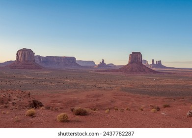View from Navajo Code Talker Outpost in Monument Valley. Monument Valley is famous for its iconic buttes located in Arizona along the border to Utah featured in many western movies.
