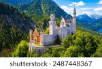 A view of Neuschwanstein Castle,  a 19th-century fairy-tale-like palace perched on a rugged hill above the village of Hohenschwangau in southwest Bavaria, Germany, Europe