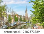 View at the New church ,canal and streets in Delft - Netherlands 