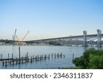 View of New London, CT, from across the Thames River, showing the Gold Star Memorial Bridge