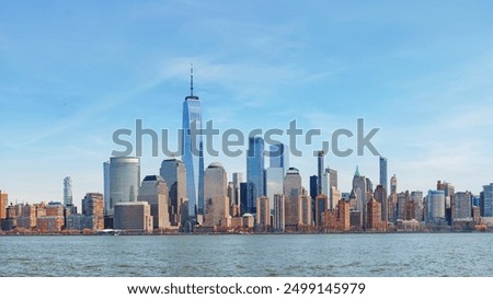 view of New York city. View from New Jersey to completely Manhattan with world trade center in the middle.